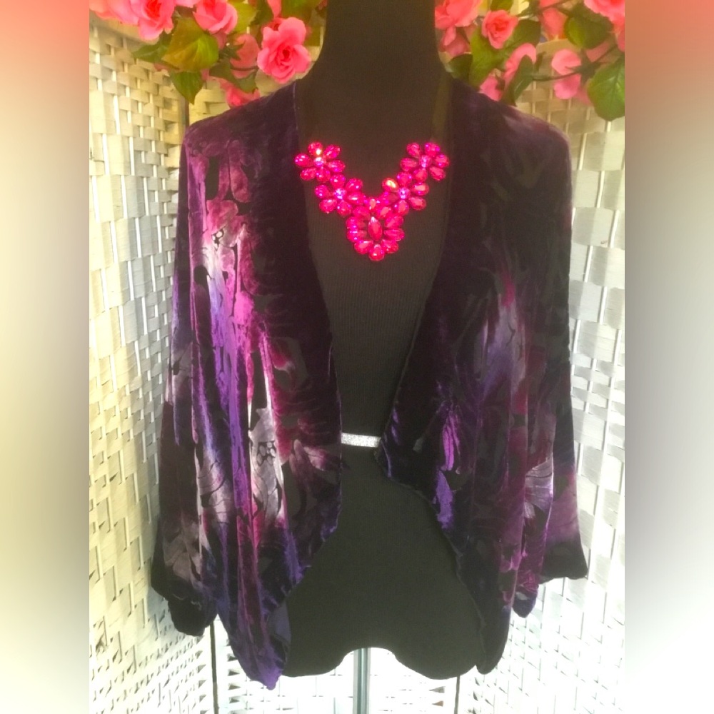 Cocoon House Purple Burnout Silk Velvet Kimono Open Front Drape Front 💜 VGUC 💜